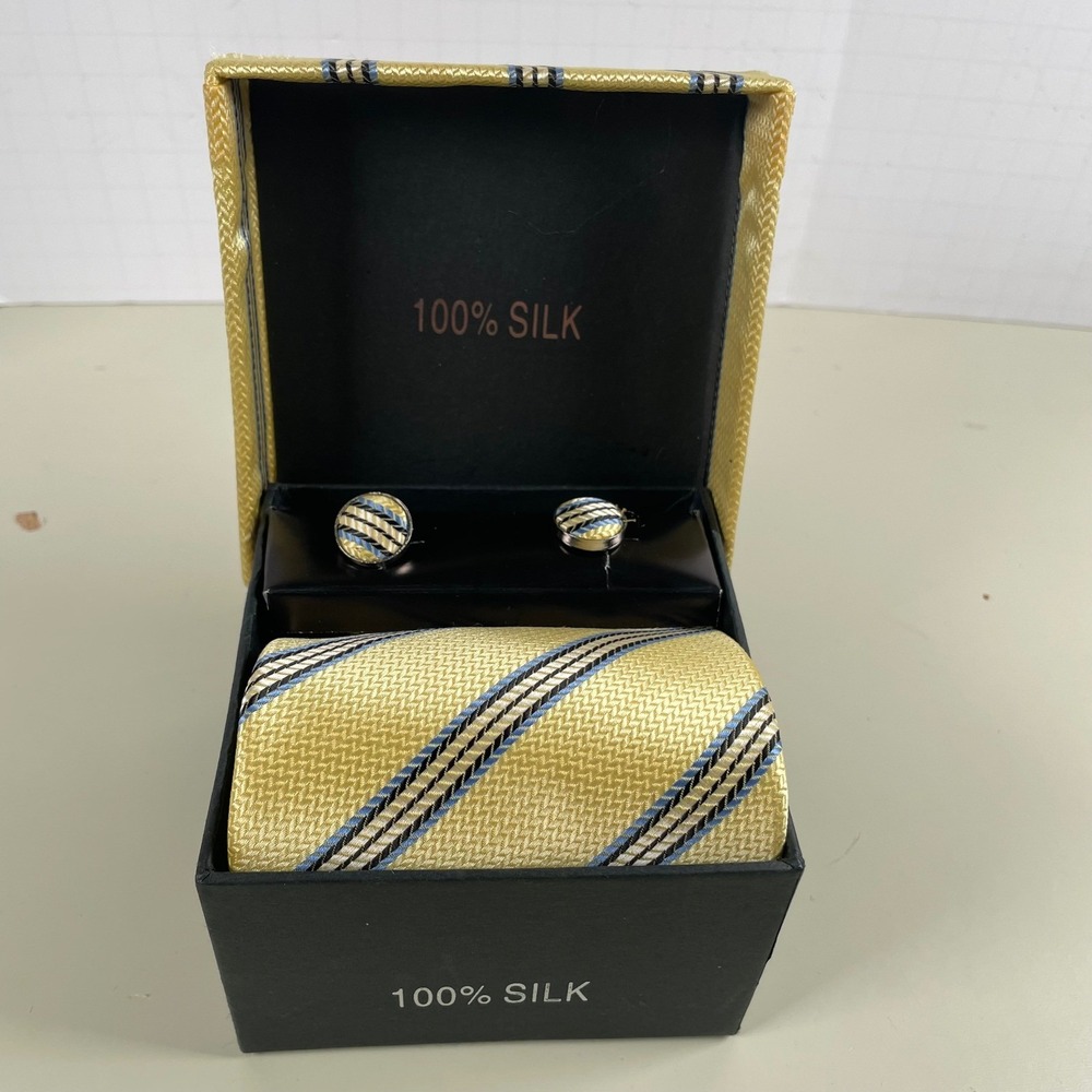Men Tie Set Silk Gold Striped‎ Pocket Square Cufflinks 4-1014 Classic